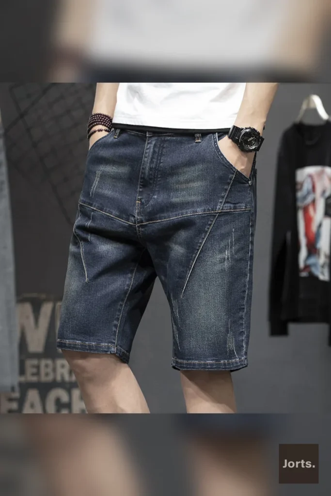 Side profile of men's retro hand-painted denim jorts, highlighting the five-point length and relaxed style.