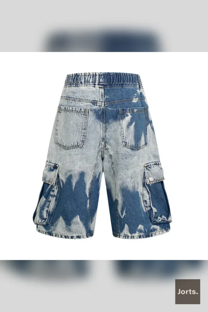 Men's Retro Multi-Pocket Tie-Dye Denim Shorts in Retro Blue, front view, showcasing loose fit and pocket details.