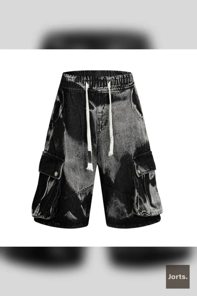 Men's Retro Multi-Pocket Tie-Dye Denim Shorts, side view, showing length and side pocket placement.