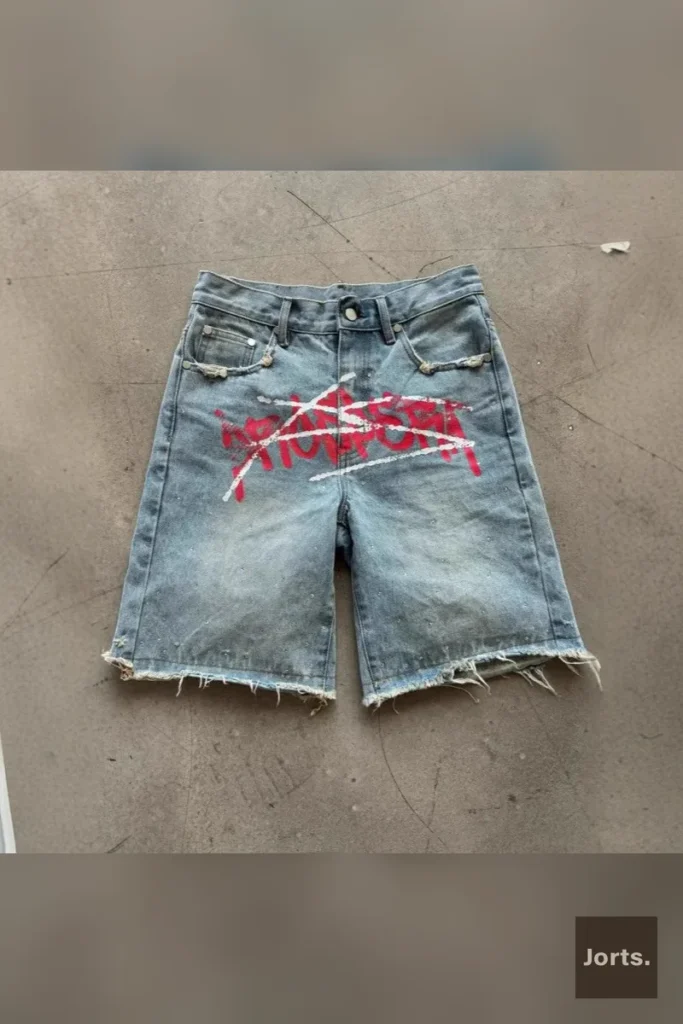 Model wearing blue retro straight-leg loose fit shorts, perfect for a casual summer look.
