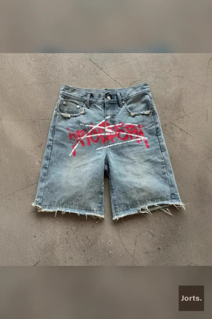 Close-up of the polyester fabric and subtle texture on the retro straight-leg loose shorts.
