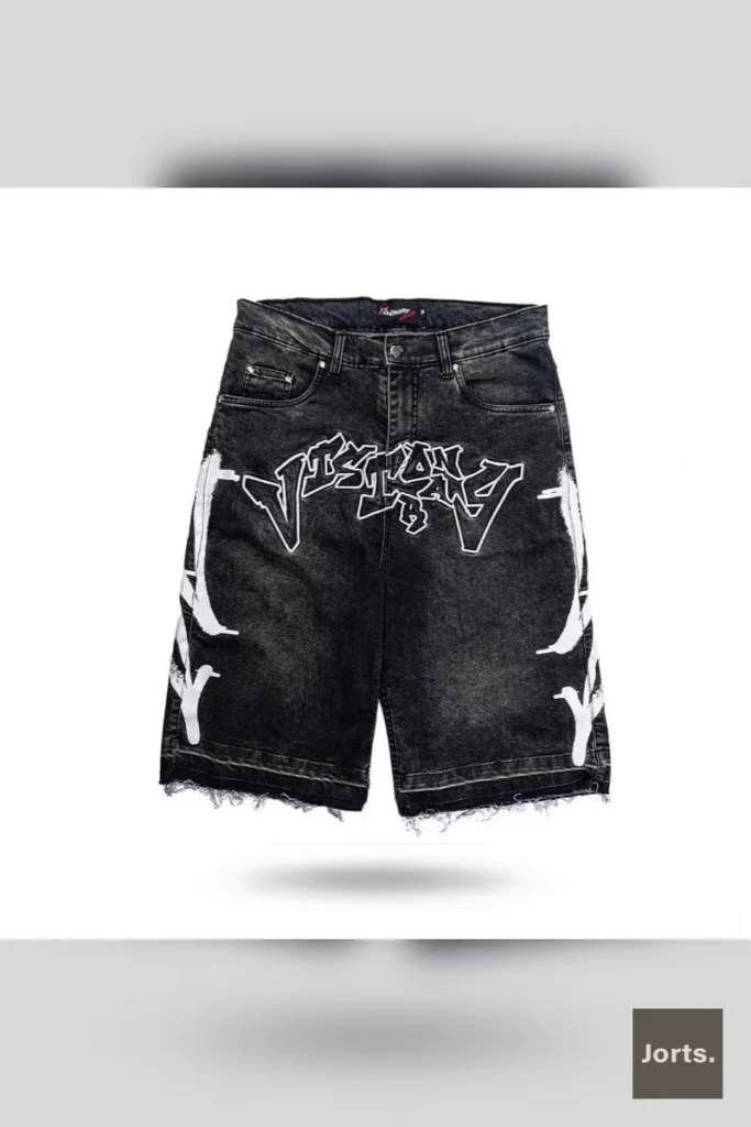 Person styled in retro straight-leg loose shorts, embodying the Y2K streetwear aesthetic in an urban setting.