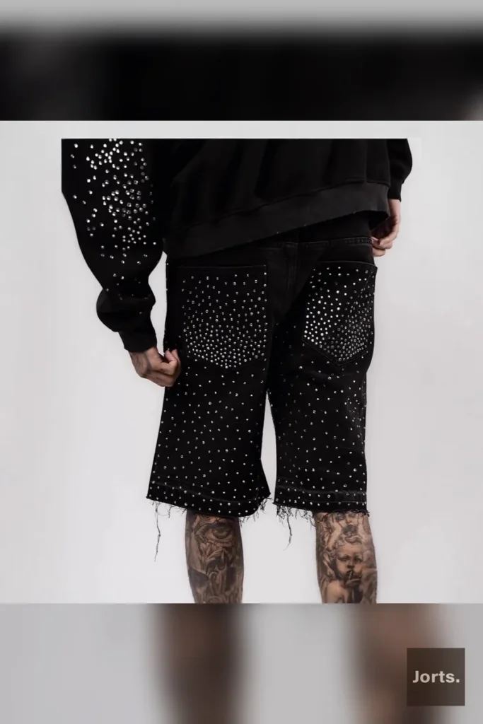 Back view of the straight-leg rhinestone denim jorts, highlighting the classic cut and pocket details for a retro vibe.