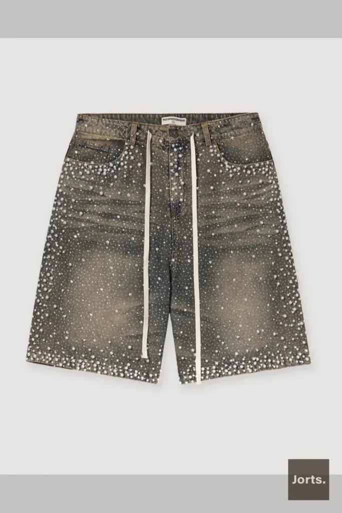 Side profile of the cropped rhinestone denim jorts, showing the straight-leg fit and comfortable design.