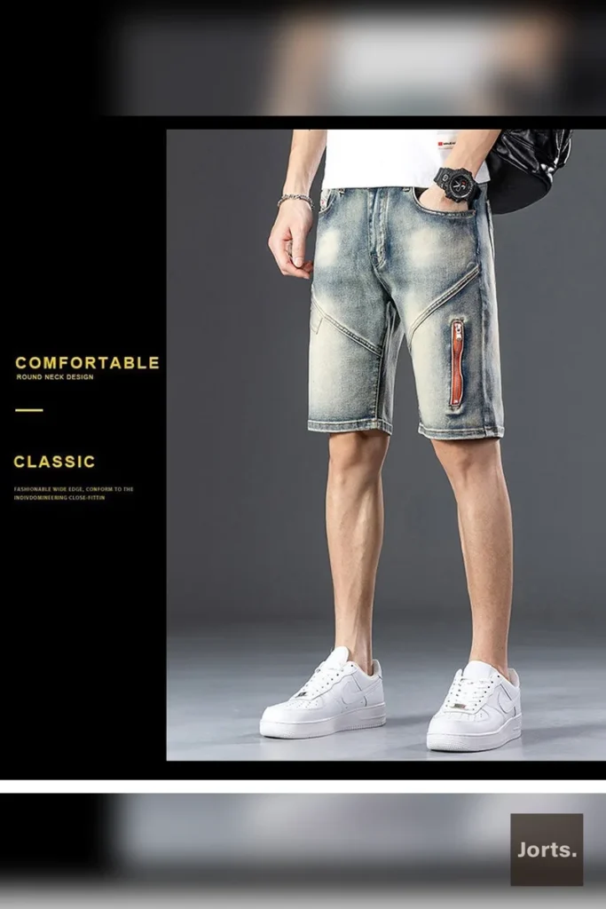 Street fashion men's denim jorts, showcasing the relaxed mid-length fit.