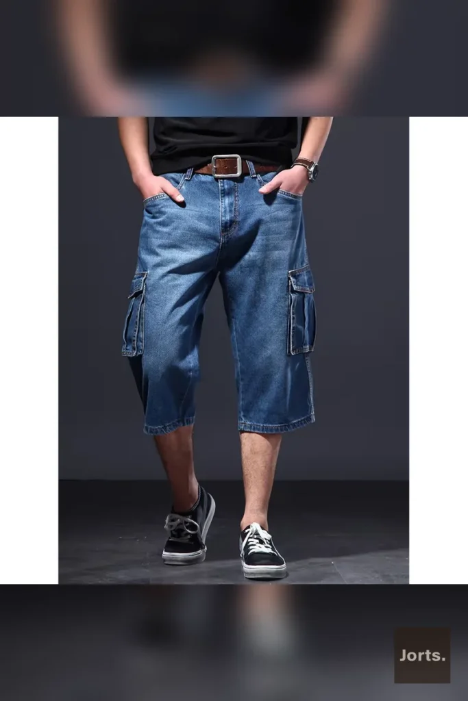 Teenager styling vintage blue long denim capri pants with a Y2K streetwear outfit for a casual look