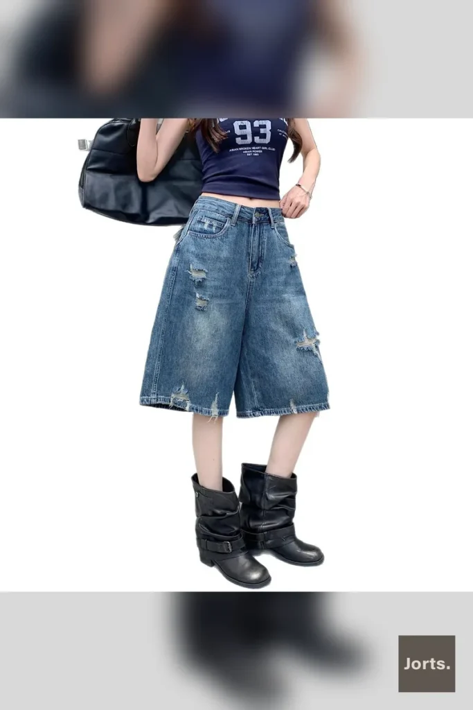 Back view of blue distressed 'Long' capri wide-leg jeans, showing pocket details and high-waist.