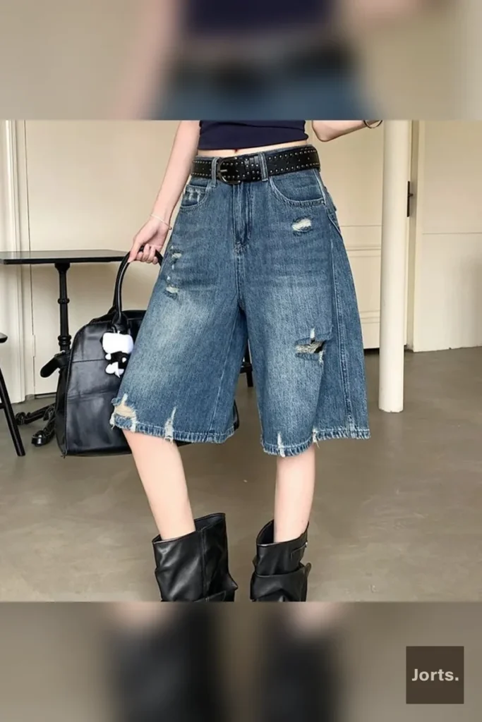 Model wearing vintage blue distressed 'Long' capri wide-leg jeans, front view, showcasing high-waist fit.