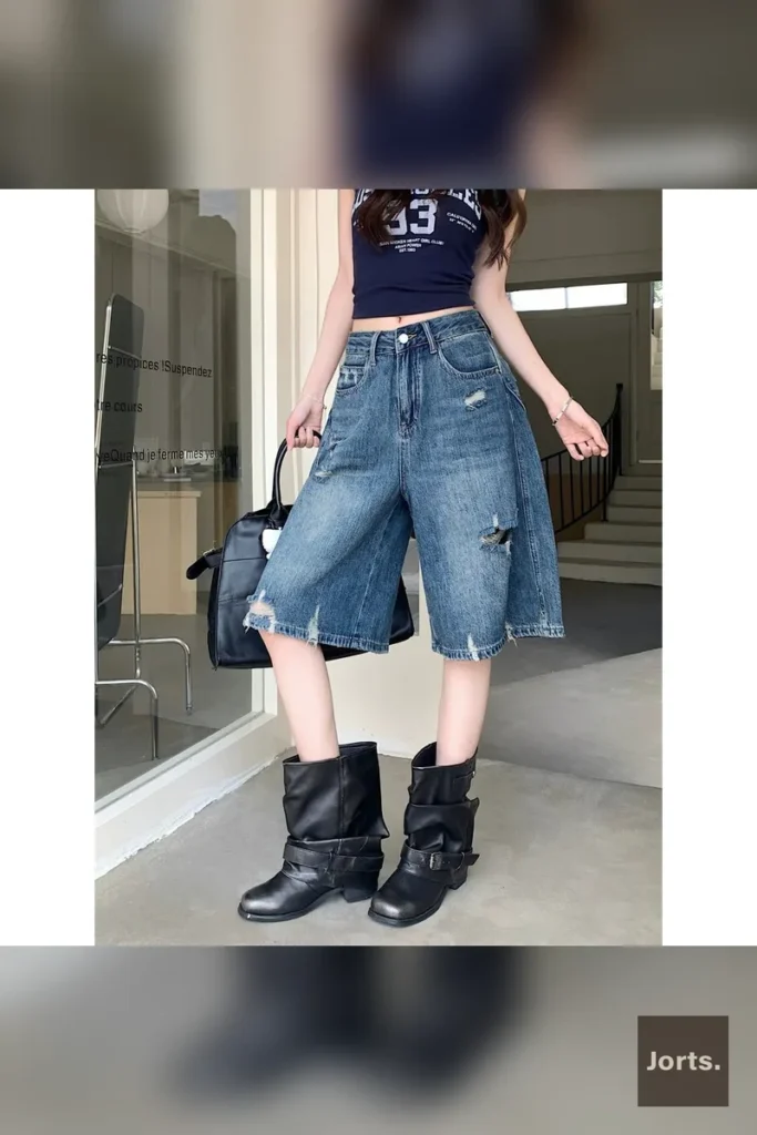 Model posing casually in blue distressed 'Long' capri wide-leg jeans, showcasing street style.