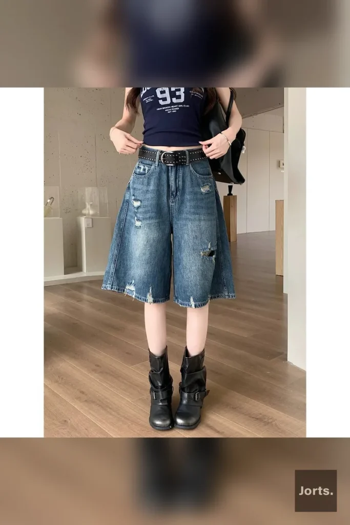 Side profile of model in blue distressed 'Long' capri wide-leg jeans, highlighting the roomy fit.