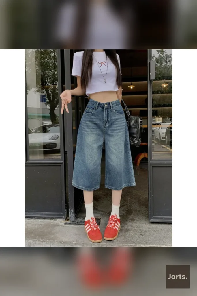 Model wearing vintage high-waist baggy denim jorts in 875 Vintage Blue with ripped details.