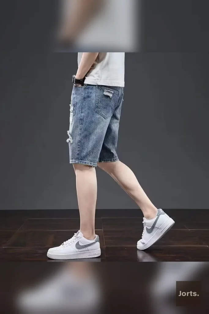 Vintage men's light blue ripped denim jorts with mid-waist fit, front view.