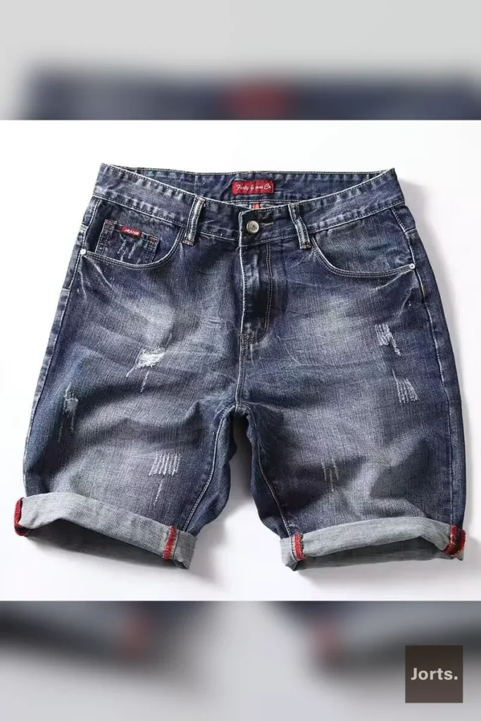 Model wearing blue vintage straight-leg denim jorts, front view, Y2K streetwear style