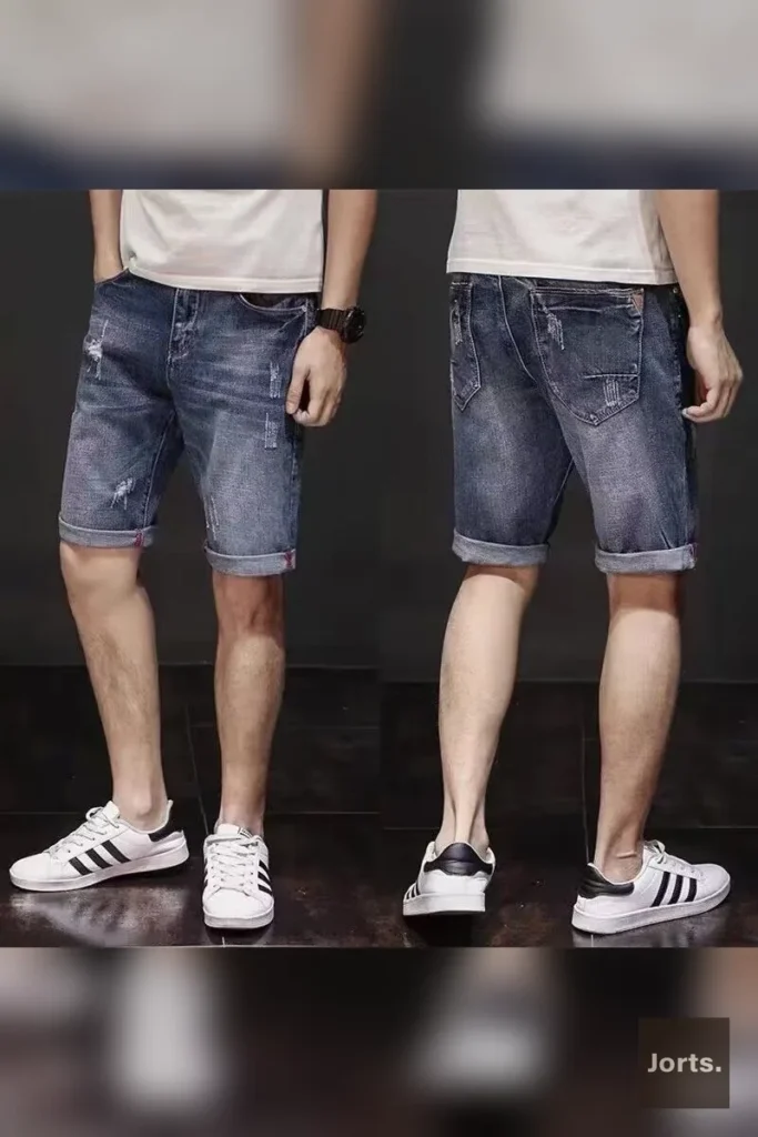 Full outfit featuring blue straight-leg denim jorts, Y2K streetwear