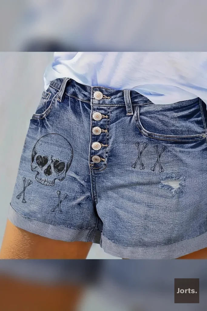 Texture shot of the blue denim fabric with enzyme wash, showing the quality and moderate stretch of the shorts