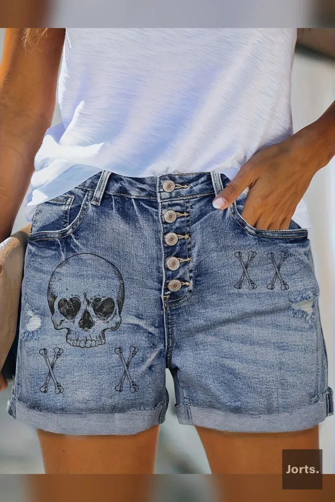 Model posing casually in vintage high waist blue printed denim shorts, styled for a Y2K streetwear vibe