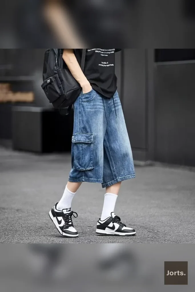 Teenager wearing vintage blue workwear long denim capri pants, front view, showcasing loose fit and mid-rise waist