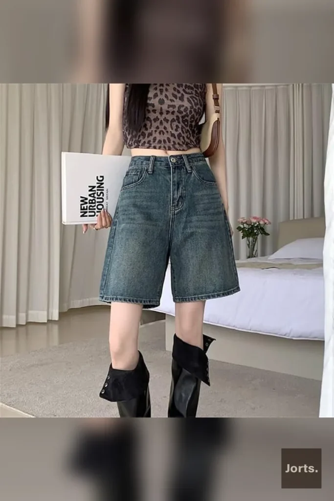 White baggy cropped denim jorts shown on a mannequin, highlighting the wide-leg cut.