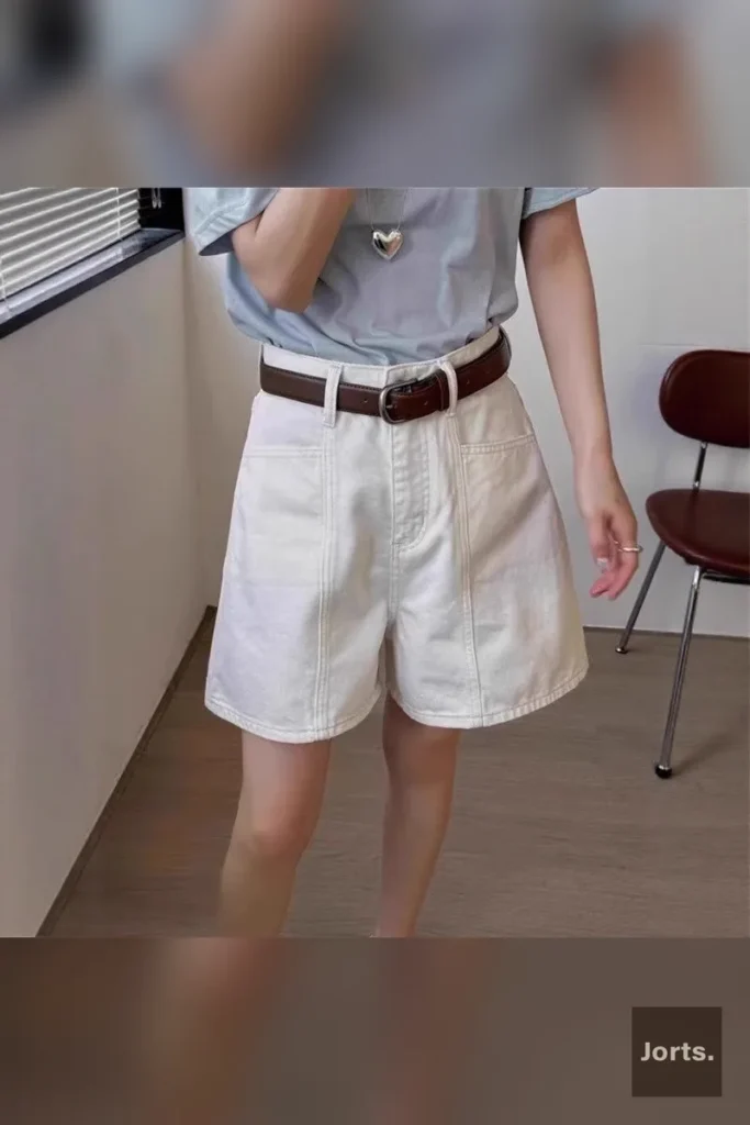 Texture shot of the cotton denim fabric on the white hot pants, highlighting its quality and wrinkle-resistant finish.