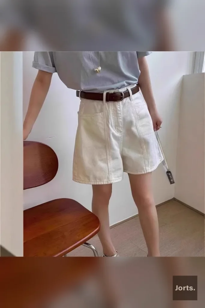 Women's white high-waist cropped denim hot pants, front view, showcasing the relaxed fit and Y2K style.
