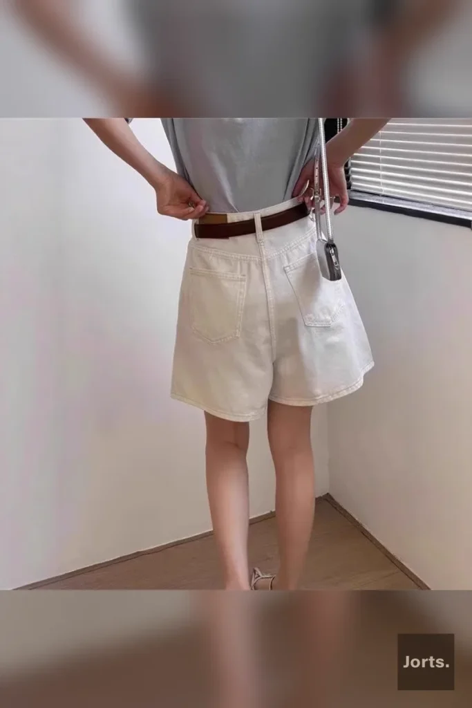 Side profile of the white high-waist cropped denim hot pants, showing the comfortable, relaxed silhouette.