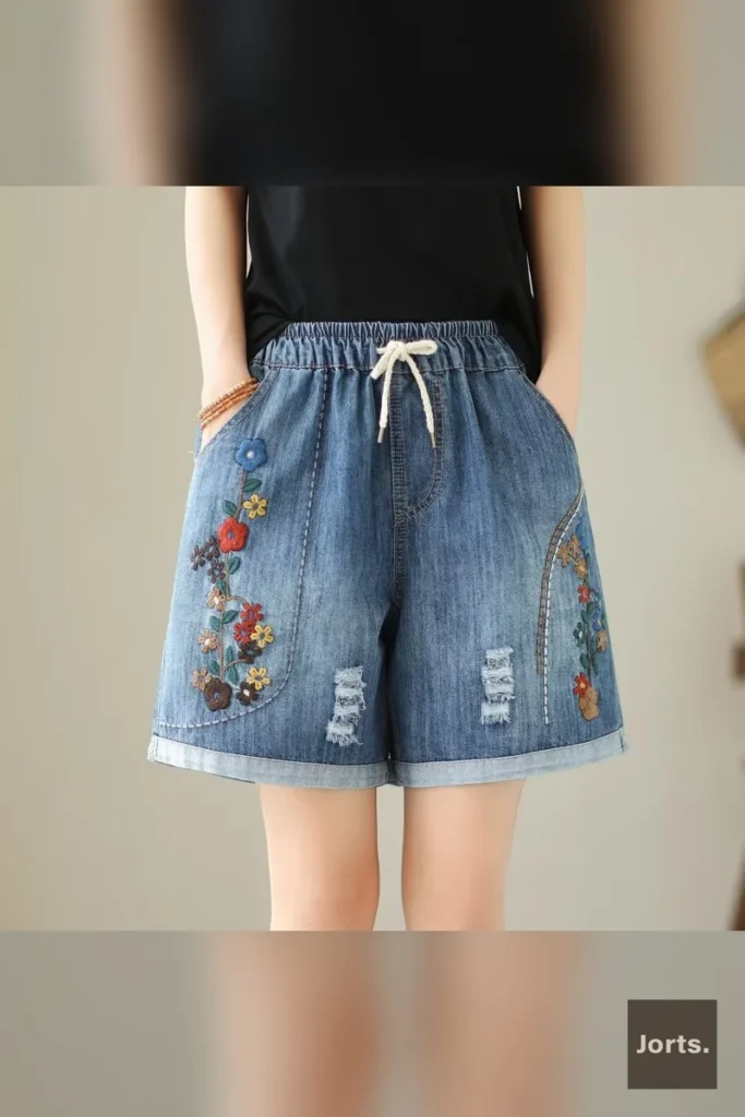 Five-Pointed Star graphic on vintage-inspired wide-leg denim shorts