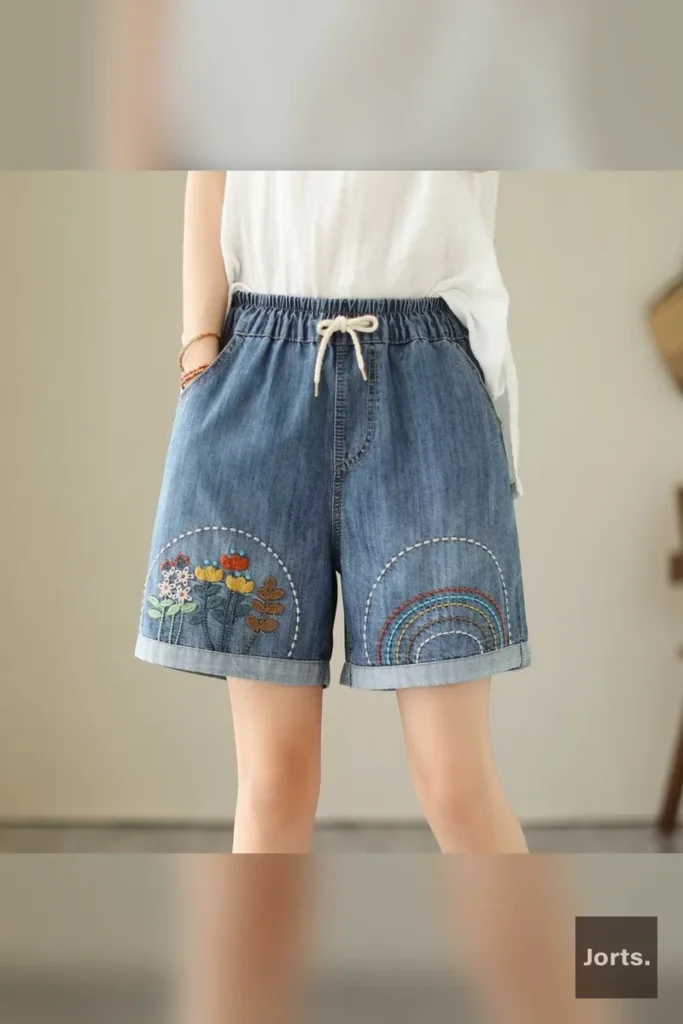 Meow Meow Meow print on wide-leg jorts, a cute and playful Y2K style