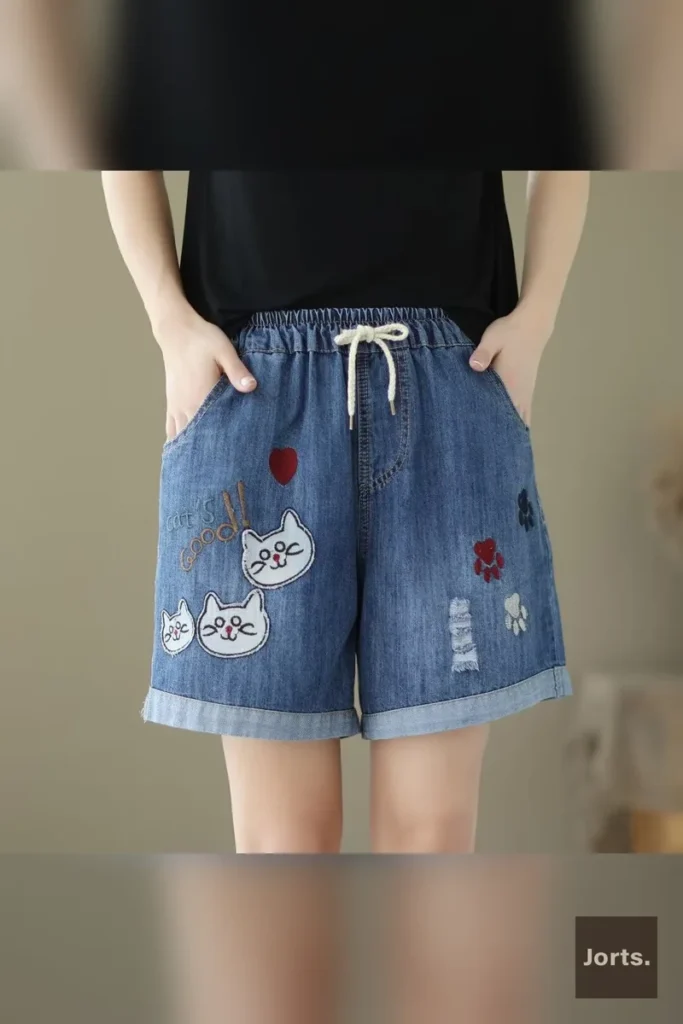 Miolo Kitten design on wide-leg jorts, a cute and playful Y2K aesthetic