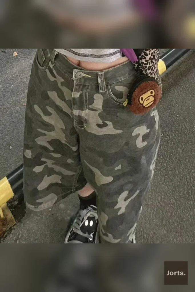 Woman wearing high waist camouflage denim shorts, front view, showcasing the Y2K streetwear style.