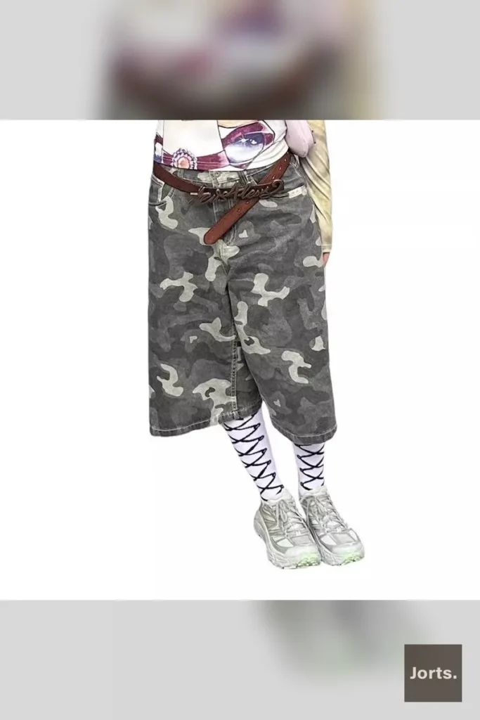 Side view of women's camouflage high waist denim shorts, highlighting the cropped length and fit.