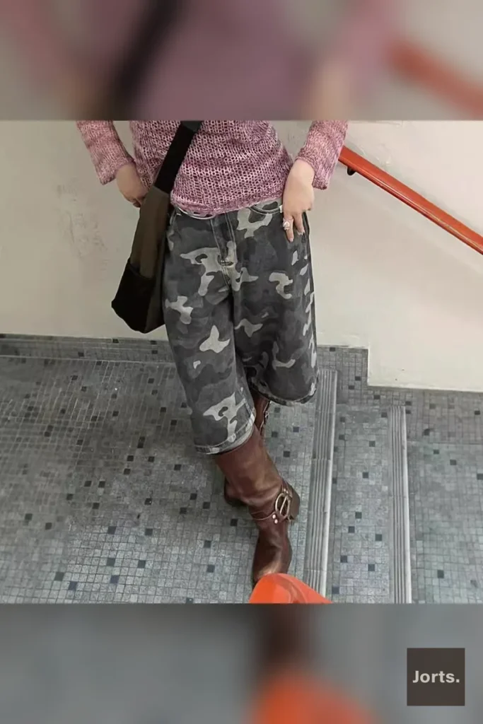 Model wearing camouflage denim shorts paired with a Y2K-inspired top, styled for a casual streetwear look.