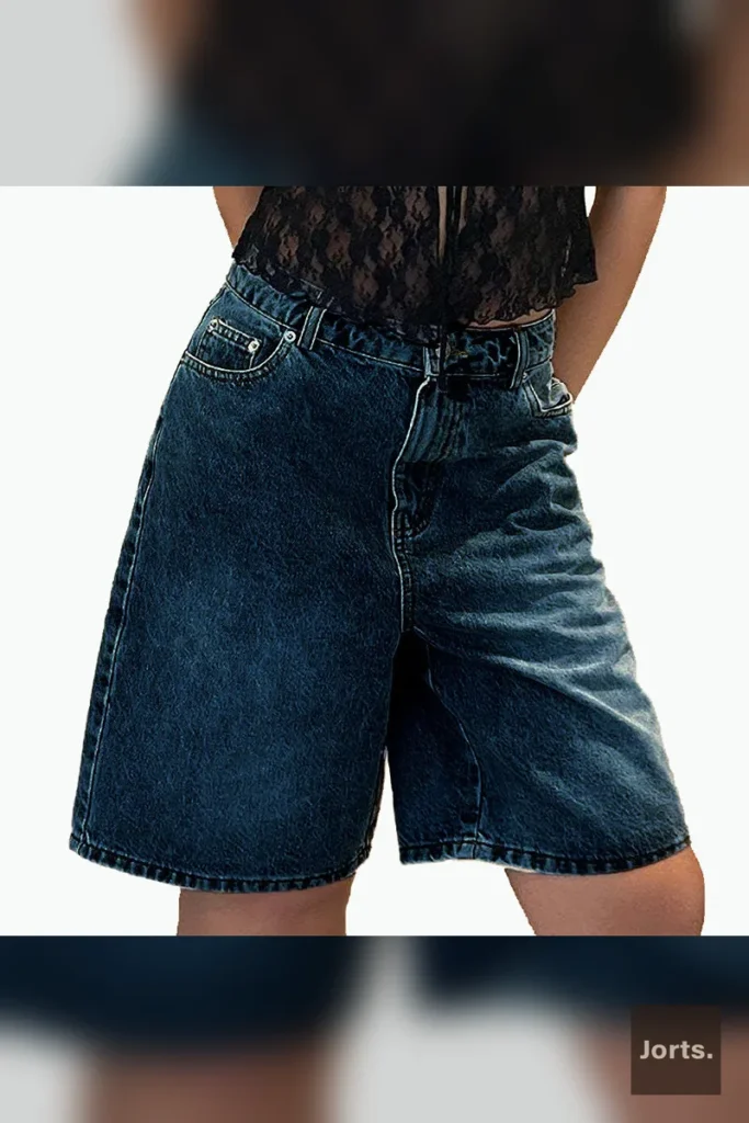 Side view of women's baggy cropped denim jorts, showcasing wide-leg fit.