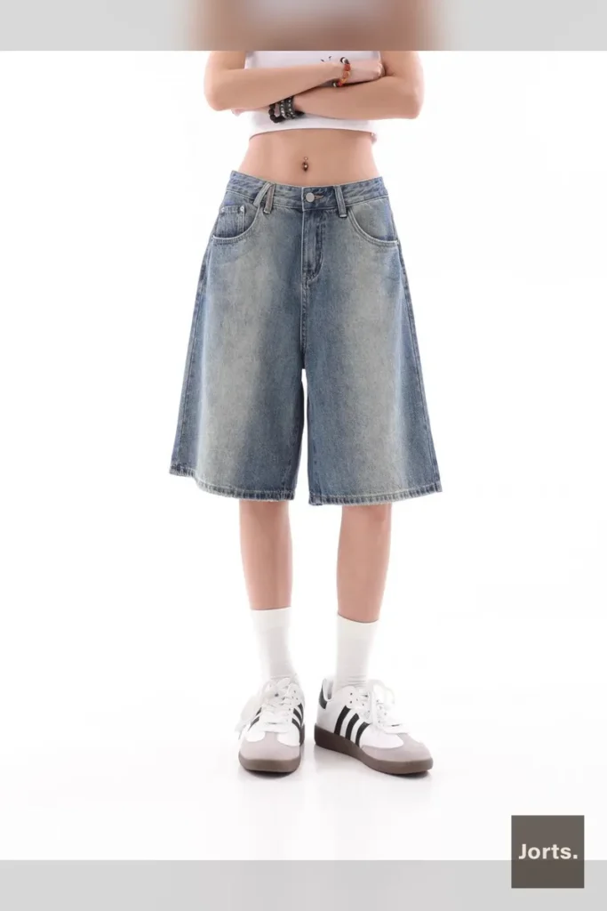 Model in Y2K baggy denim shorts, showcasing comfort