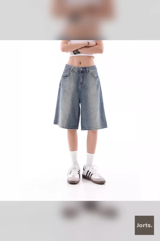 Close-up of Y2K baggy denim shorts fabric and wash detail