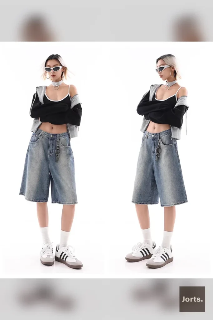 Woman walking in Y2K baggy denim shorts, movement shot