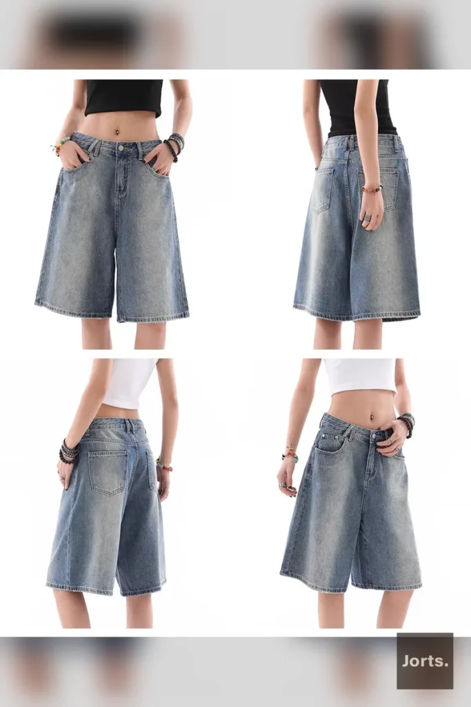 Close-up of pocket detail on Y2K baggy denim shorts