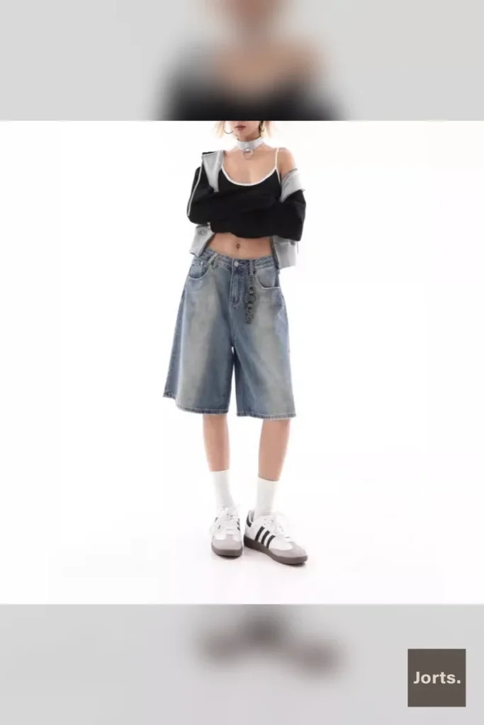 Model showcasing Y2K baggy denim shorts, relaxed fit
