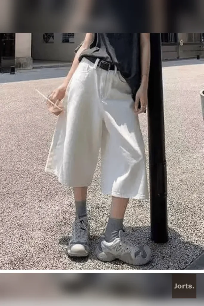 Color swatches for black and vintage blue women's cropped baggy jorts.
