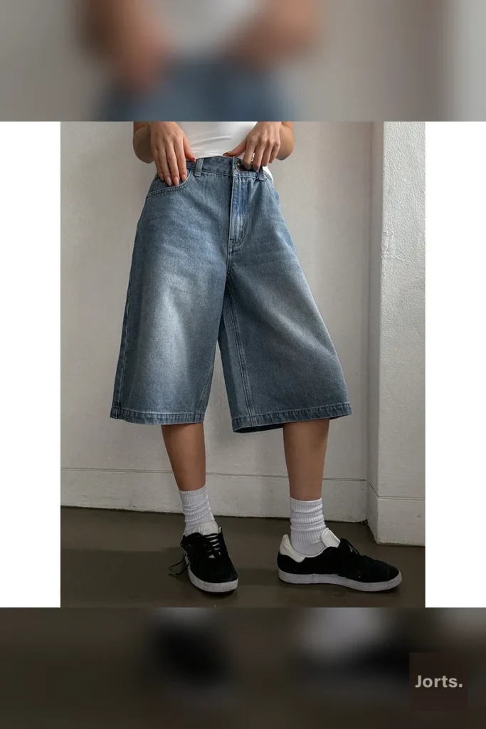 Collection of women's cropped baggy jorts in various colors: white, light blue, black, and vintage blue.