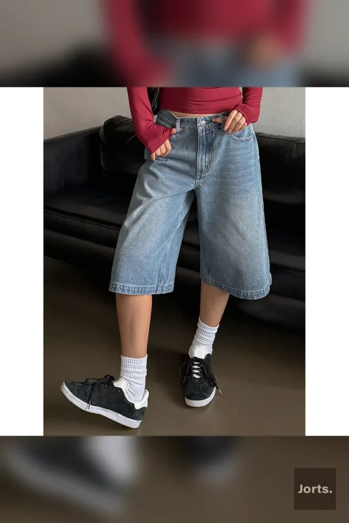 Side view of light blue high-waist cropped baggy jorts, highlighting the relaxed fit and medium thickness denim.