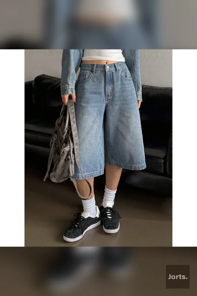 Woman wearing white high-waist cropped baggy jorts with a loose, straight-leg fit, showcasing the Y2K streetwear style.