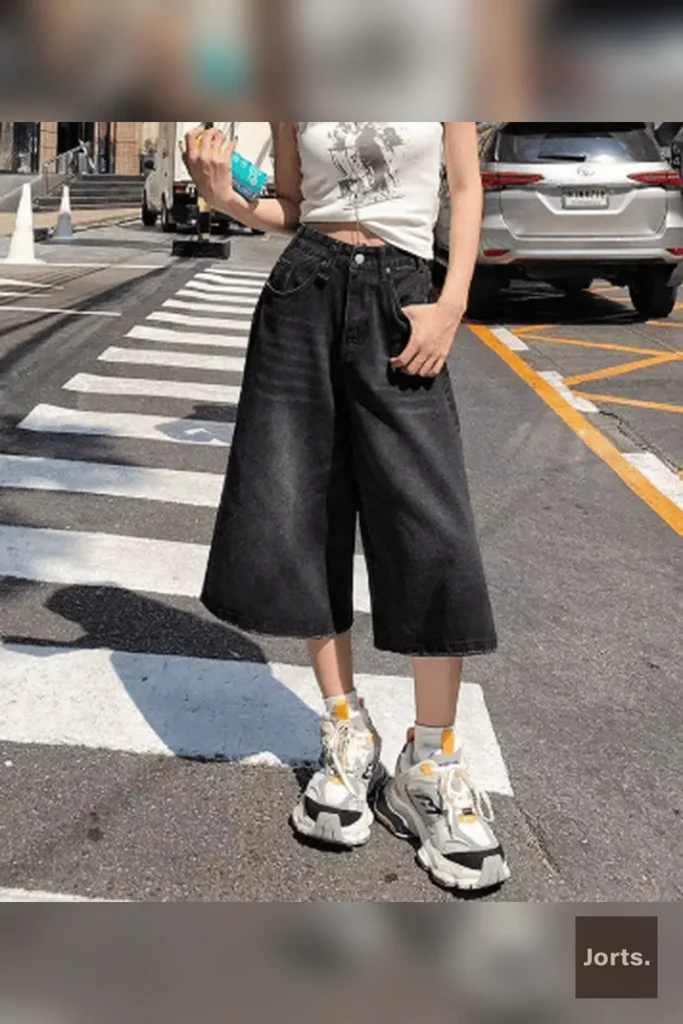 Color swatches for white and light blue women's cropped baggy jorts.