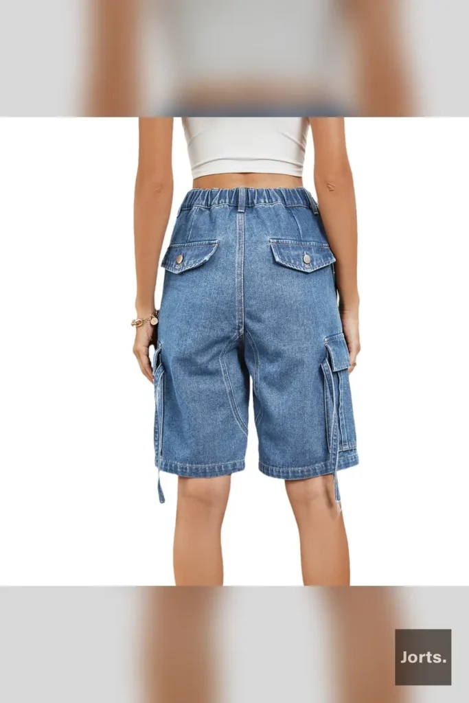 Close-up of the distressed elements on the blue denim cargo shorts, showcasing the vintage texture.