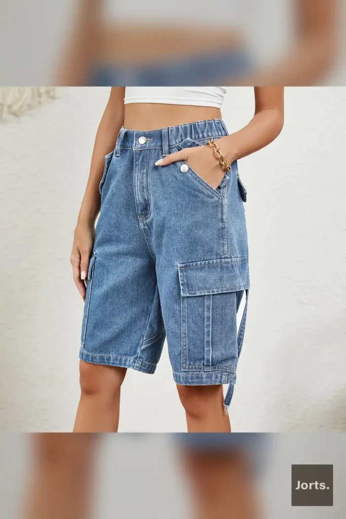 Women's blue denim cargo shorts styled for a Y2K streetwear look, perfect for casual outings.