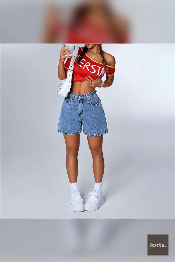 Back view of women's blue straight-leg denim jorts, highlighting the classic cut and pocket design.