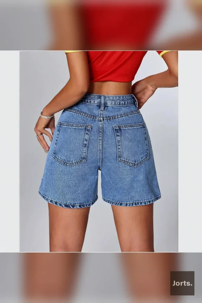 Model wearing blue mid-rise straight-leg denim jorts from the front, showcasing the Y2K streetwear style.