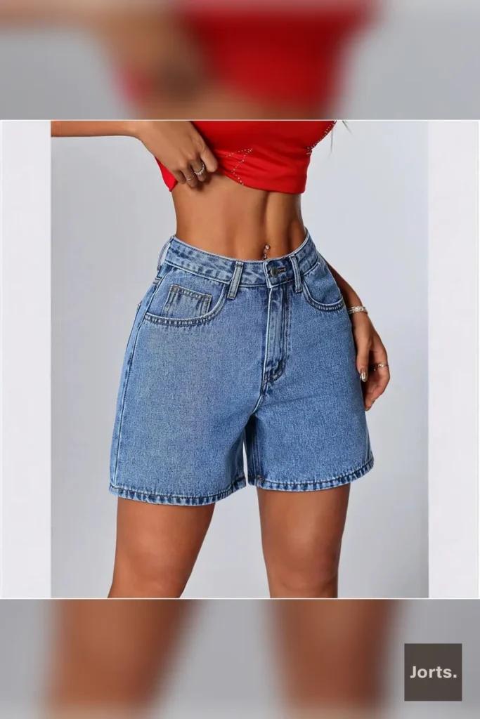 Model posing casually in blue mid-rise straight-leg denim jorts, perfect for Y2K streetwear outfits.
