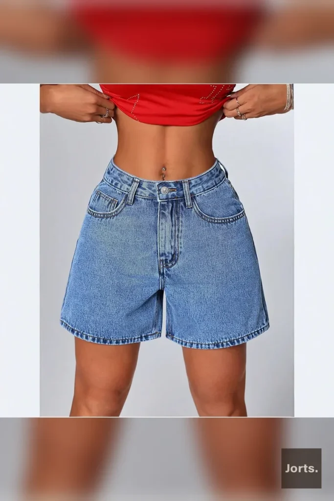 Side profile of blue mid-rise straight-leg denim jorts on a model, showing the casual, comfy fit.