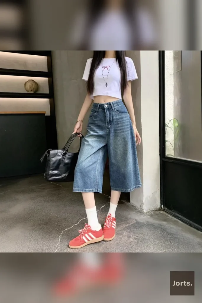 Woman posing in high-waist baggy denim jorts, showcasing wide-leg fit.