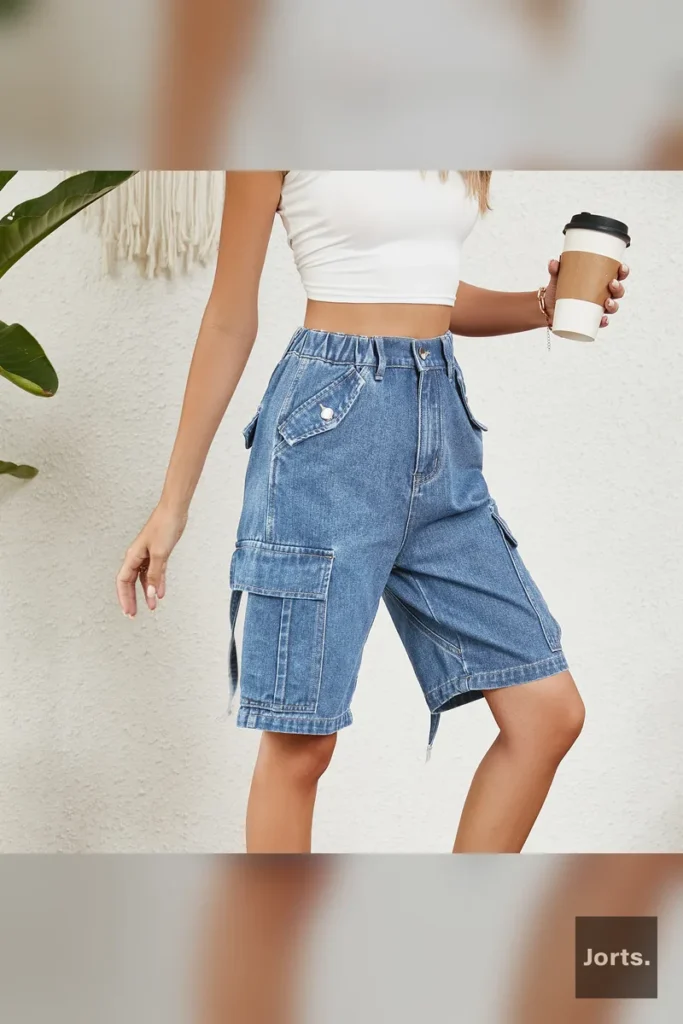 Back view of women's blue denim cargo shorts, highlighting the distressed details and pocket placement.